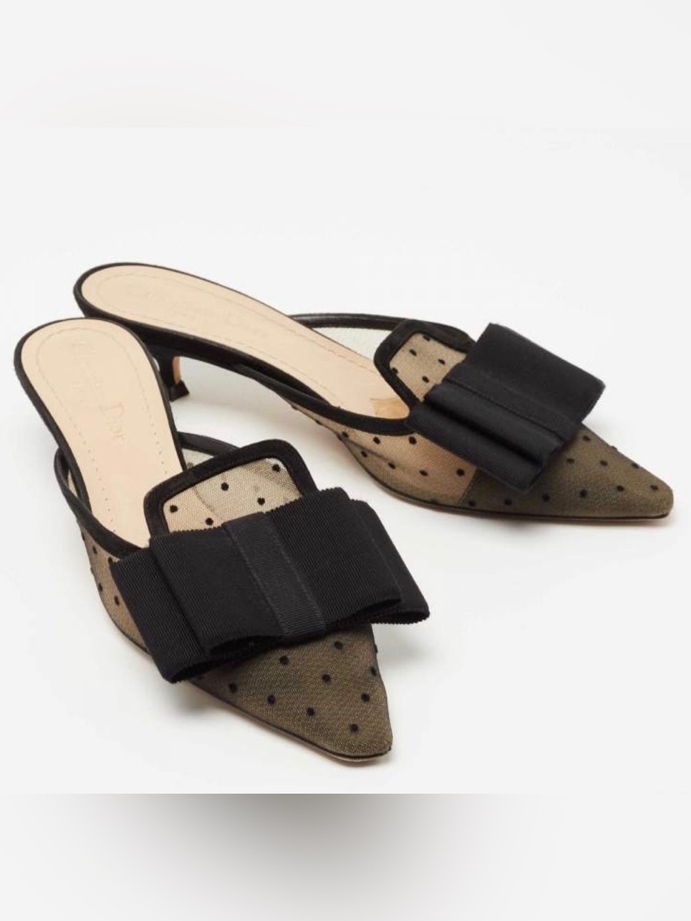#S46 Christian Dior Polka‑Dot Mesh Bow Mule Heels (Retail $1,680 CAD) Black